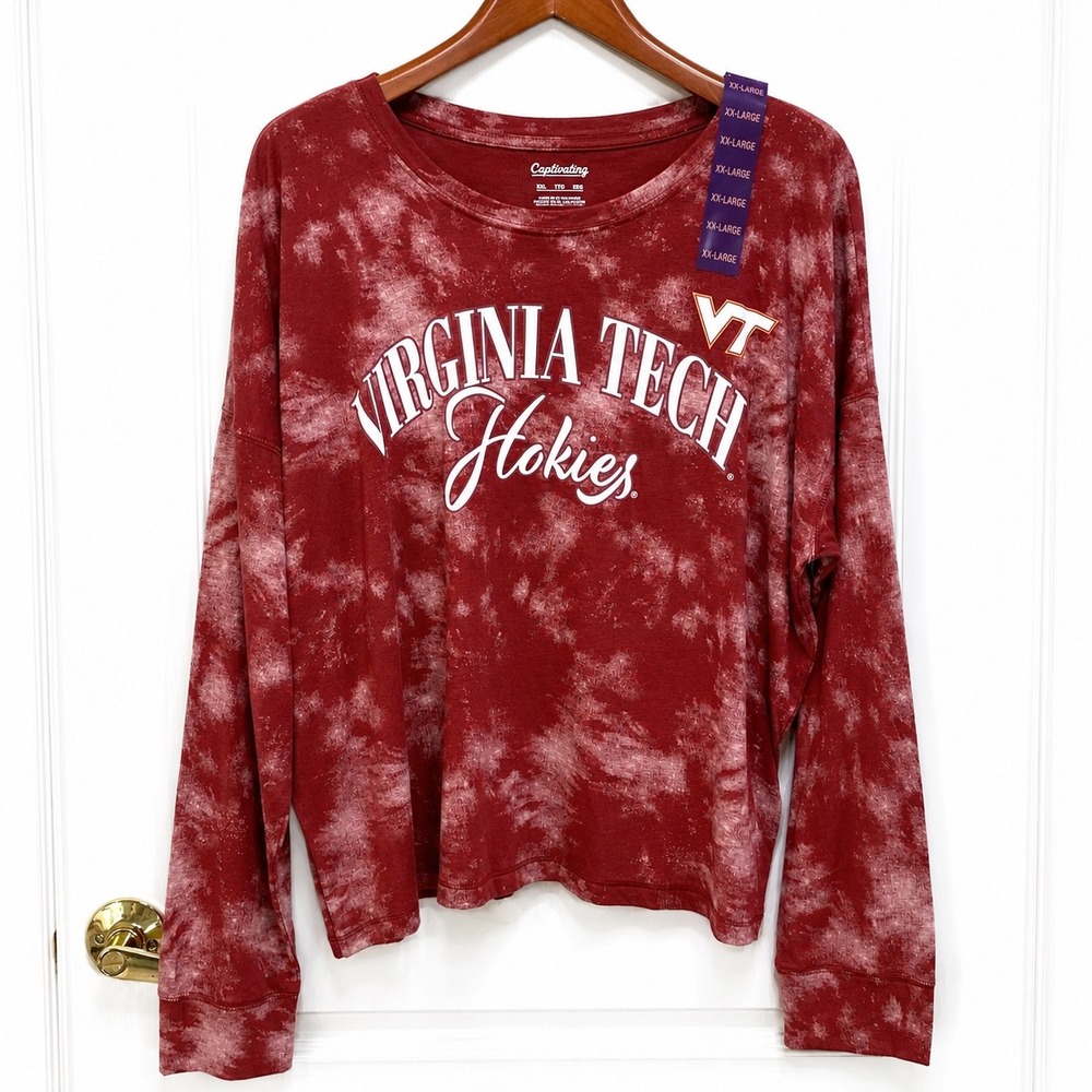 Captivating Virginia Tech Hokies Women 2XL Red Tie Dye Long Sleeve Tee Shirt